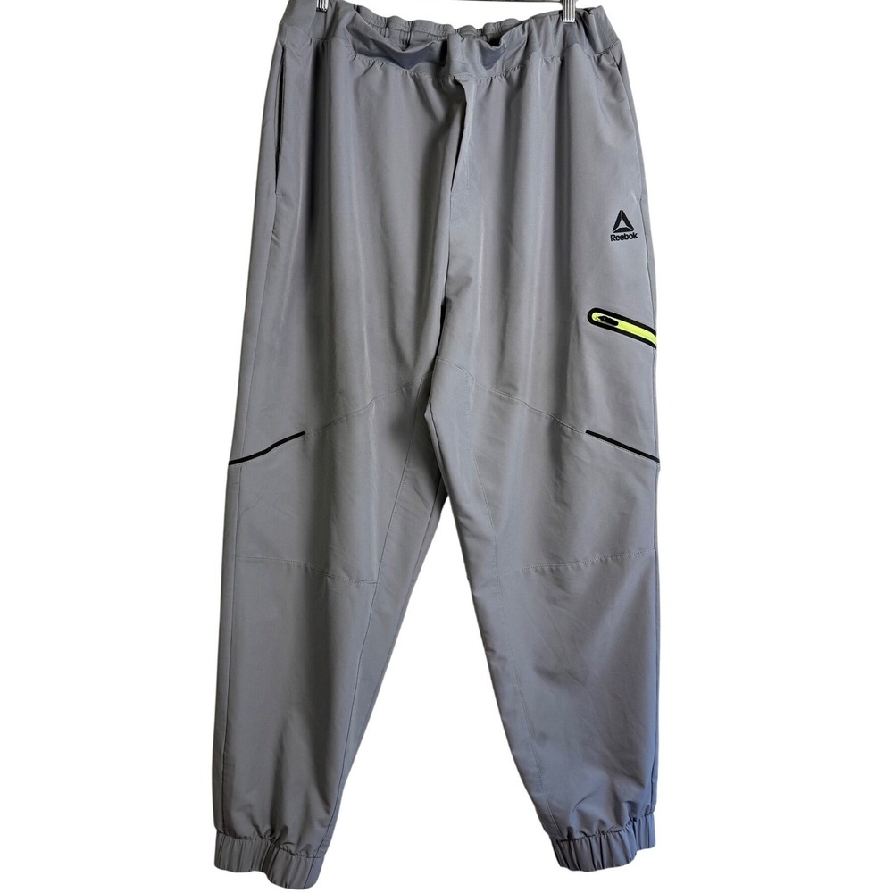 Reebok Mens 3XL Grey Jogger Pants Neon Yellow Zip Pocket REM251PA08 Activewear